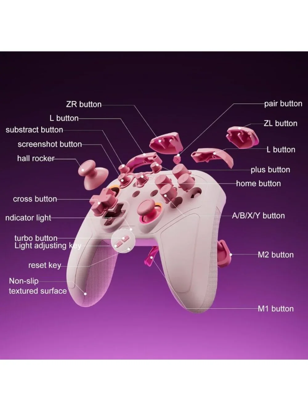 Wireless Controller for Switch & PC - Hall Effect Joysticks, Turbo, 1000mAh